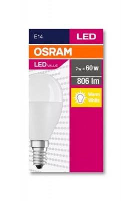 LED izzó, E14, kisgömb, P48, 8W, 806lm, 2700K (MF), OSRAM "Value"